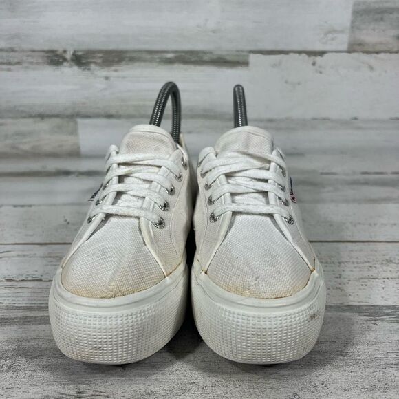 Superga Women's Platform Sneaker White Canvas Low Top Lace Up Shoes Size 6.5 - Picture 4 of 8
